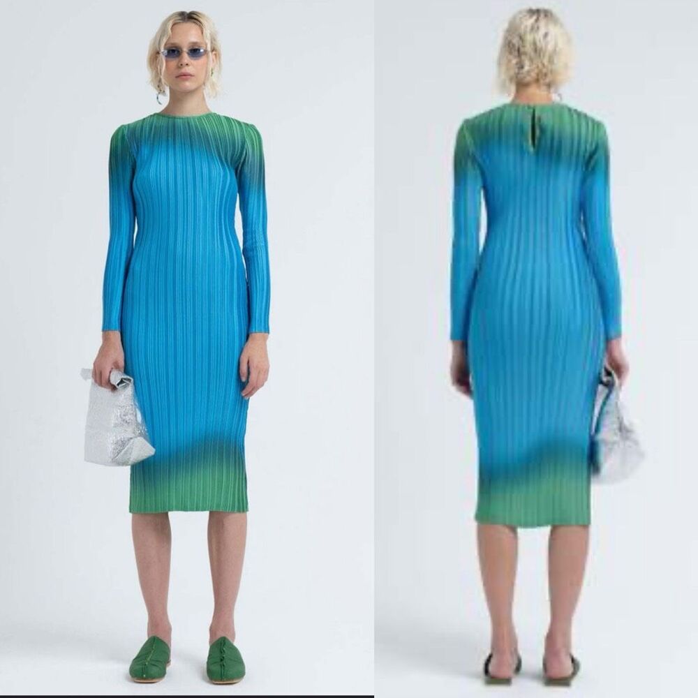 Arthur * Ribbed Pleated Midi Dress Ombré Blue Green Long Sleeve US 6 Free People